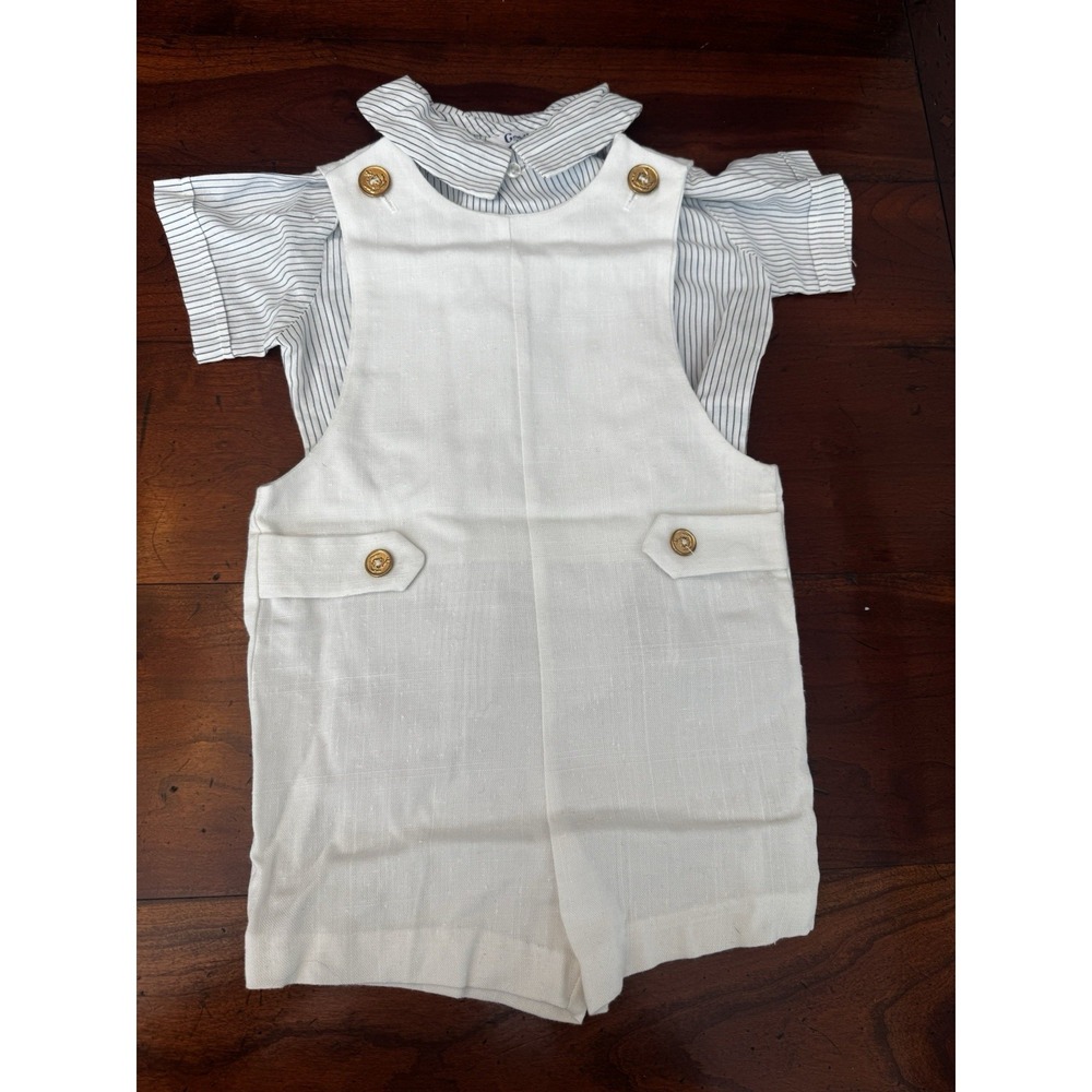 Good Lad Boys White Linen Jon Jon Romper Striped Shirt 2 Piece Set 2T-4T Vintage